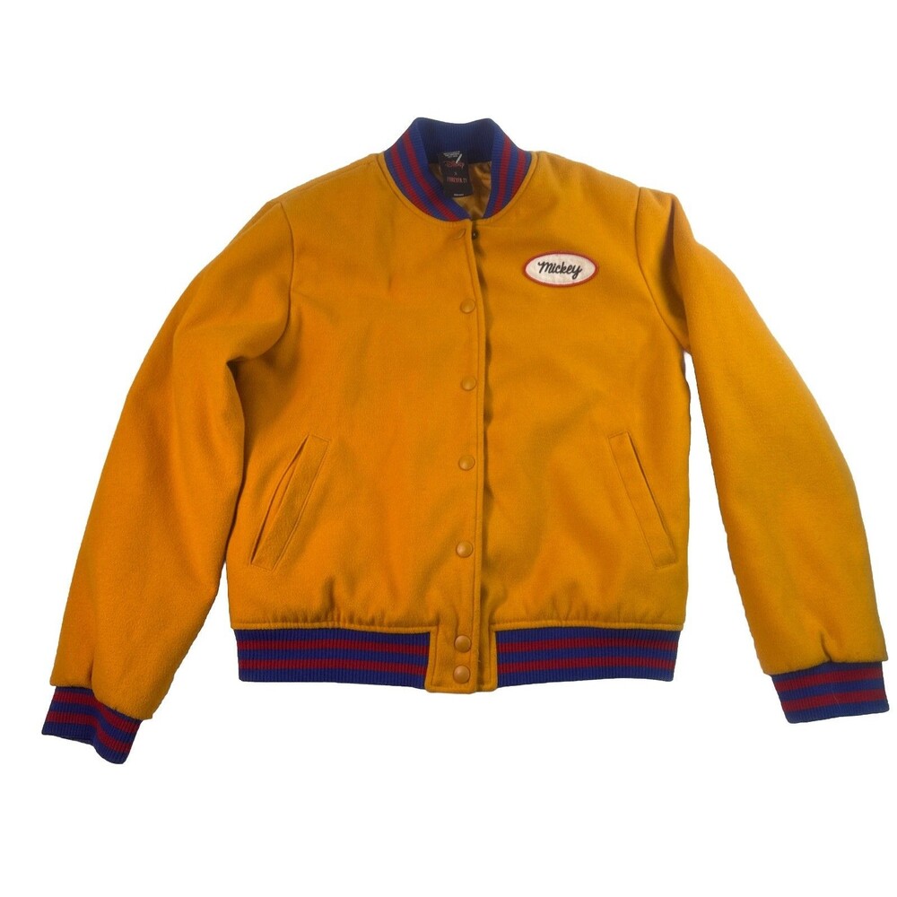Forever 21 X Disney Jacket Women's Small Mickey Mouse Varsity Bomber Mustard